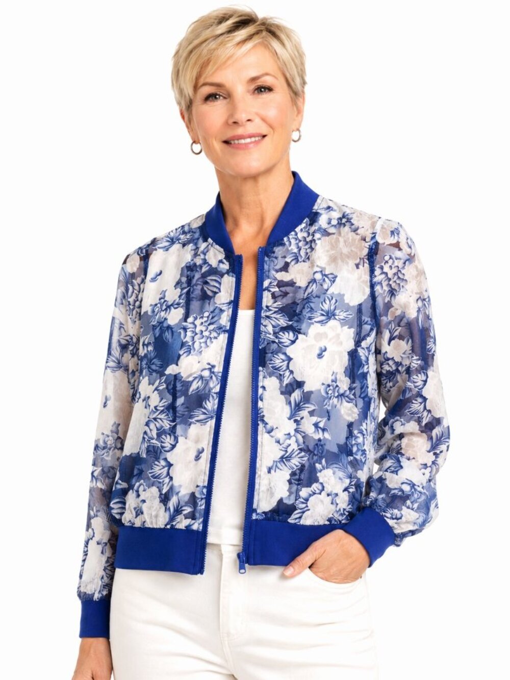 Available Sheer Blue White Floral Bomber Jacket
